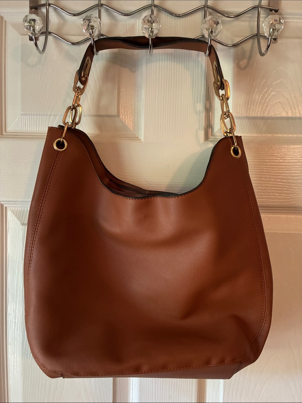 JustFab Brown Leather-Style Hobo Bag with Gold Chain Accents